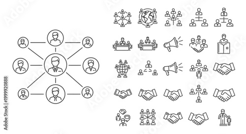 Set of hand drawn business and team management icons.