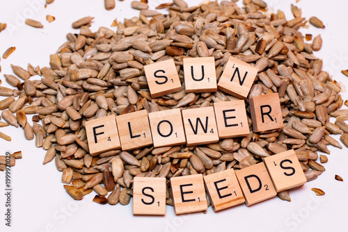 Sunflower seeds with alphabet blocks spelling message on white background