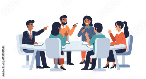 A flat vector illustration depicts a diverse group of professionals actively engaged in a collaborative business meeting around a round table.