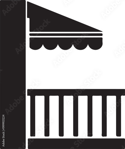 Black and white silhouette of a balcony with a scalloped fabric awning and a vertical railing, isolated on a white background