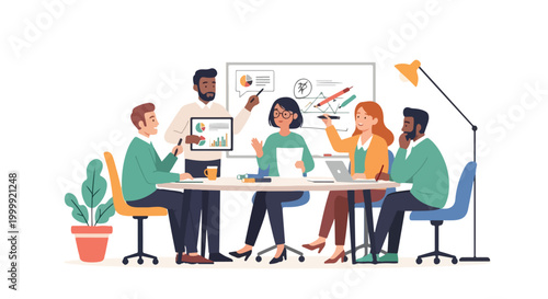 A diverse team of professionals collaborates in a modern office, analyzing data on a whiteboard and tablet during an engaging and productive meeting.