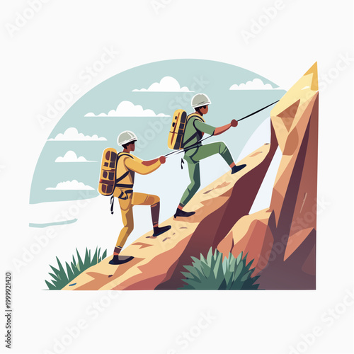 Two Climbers Ascending a Rocky Mountain with Rope