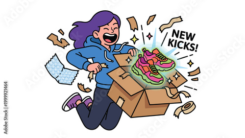 Joyful unboxing: Happy person excitedly opens a box revealing new, glowing pink and green sneakers. Cartoon illustration.
