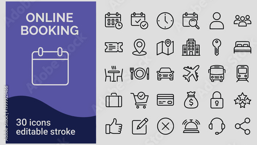 Online booking service icons set with editable stroke and different travel symbols