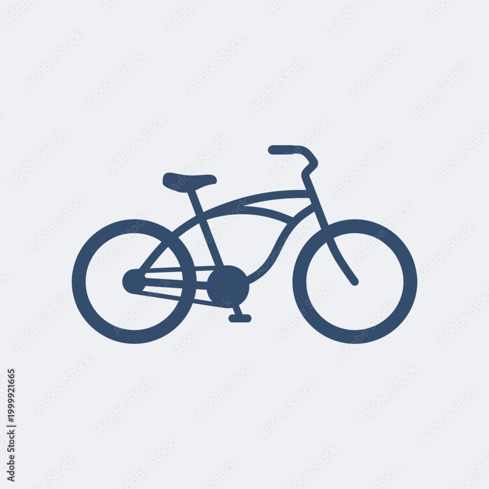 Fototapeta premium Simple dark blue bicycle icon on a light gray background, depicting a classic cruiser bike for leisure and transport.