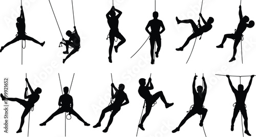 Rope climbing and rappelling silhouettes set with extreme sport poses, mountaineering activity collection, adventure climbers isolated on white background vector