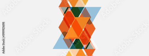 Abstract geometric shapes overlap, creating complex design. Orange, blue, green hues dominate neutral background. Modern aesthetic.