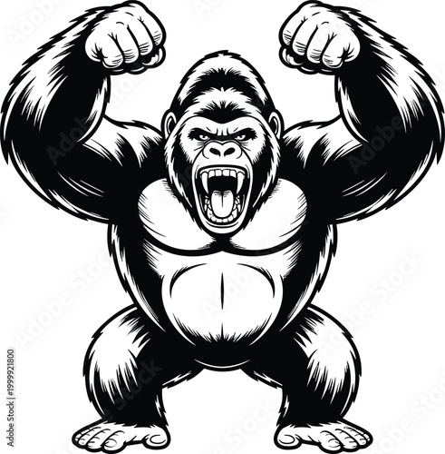 Aggressive gorilla mascot illustration with muscular body flexing arms, wild animal character design, black and white vector isolated on background