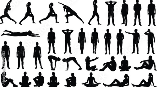 Yoga and stretching silhouette collection with men and women poses meditation fitness exercises and standing figures vector set