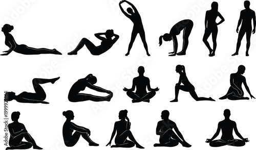 Yoga and fitness silhouette set with stretching poses meditation and exercise positions isolated wellness vector collection