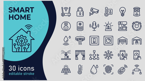 Smart home icons set with various devices and gadgets for automation and control systems