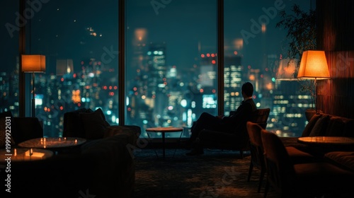 煌びやかな都会の夜景を望むホテルのラウンジで静かに過ごすひととき