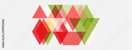 Abstract geometric shapes overlap, forming arrow design. Red, green, beige hues dominate composition. Minimalist style.