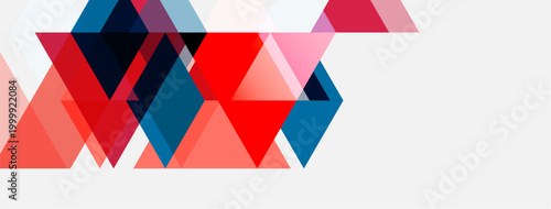 Abstract geometric shapes, triangles dominate composition. Red, pink, blue hues create modern visual effect. Minimalist design.