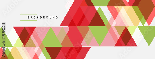 Abstract geometric pattern. Triangles overlap, creating colorful background. Red, green, pink hues dominate design. Modern aesthetic.