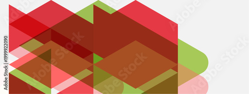 Abstract geometric composition. Overlapping shapes create complex visual texture. Red, green, brown hues dominate design. Minimalist aesthetic.