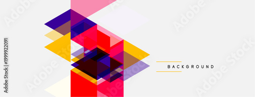 Abstract geometric shapes overlap, creating vibrant red, purple, yellow composition. Minimalist design with light background.