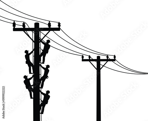 Electric line workers climbing utility pole silhouette, power maintenance team repairing cables, energy infrastructure concept isolated on white background vector