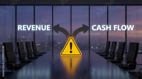 A warning sign sits on a conference table between choices of revenue and cash flow in a modern boardroom