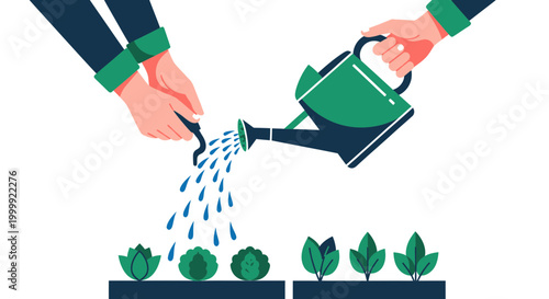 Gardening collaboration: hands watering plants and planting seedlings