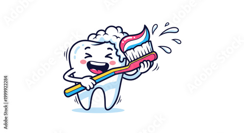 Happy Cartoon Tooth Brushing Teeth with Toothpaste and Brush