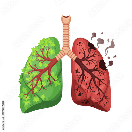 Healthy Green Lungs vs Diseased Smoker's Lungs Illustration