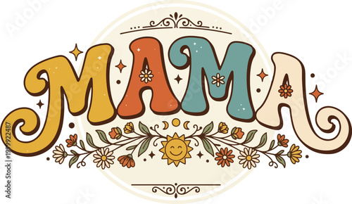 Groovy Mama Retro Wavy Typography 2026 - Boho Hippie Hand Lettering Mom Quote Vector