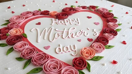 elegant mother's day cake with pink roses and icing message on white frosting background