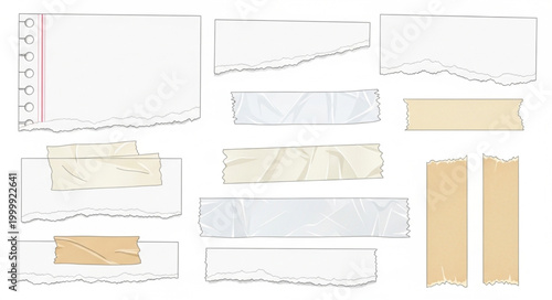 Collection of Torn Paper Pieces and Tape Strips.