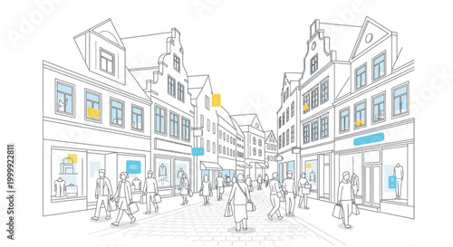 Digital illustration of a lively city street with people walking among buildings featuring shops and restaurants in a modern, urban setting with a vibrant and active mood.
