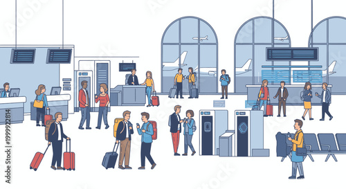 Illustration of people with luggage at an airport terminal, with check-in counters and seating areas in the background, in a flat, colorful style.