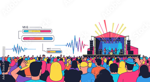 Illustration of a vibrant crowd watching a live band perform on a colorful stage with graphic equalizer visuals in the background.