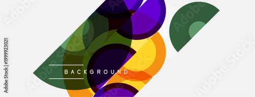 Abstract colorful shapes overlap. Dynamic composition creates modern visual effect. Background text present. Simple design.