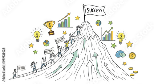 Business success concept, goal achievement, career growth, motivation icons