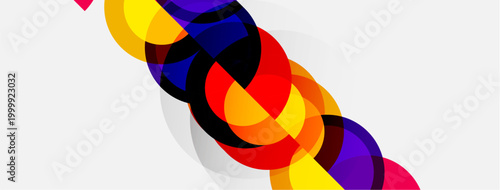 Abstract colorful circles overlap, creating dynamic visual flow. Bright hues contrast against white background. Modern design element.