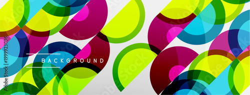 Vibrant circles overlap white space. Colors include pink, blue, green, yellow creating dynamic background. Modern design element.