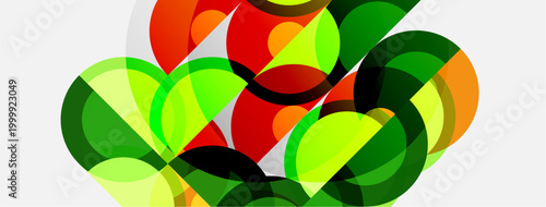 Abstract composition. Overlapping circles create vibrant, colorful patterns. Greens, reds, oranges dominate design. Modern aesthetic.