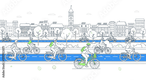 Illustration of cyclists riding along a riverfront path with a city skyline in the background and a blue river, featuring a mix of green and gray tones.