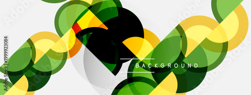 Abstract design features overlapping circles, vibrant greens, yellows. Modern aesthetic, clean lines, suitable background element.