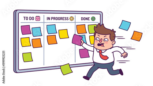 Stressed manager overwhelmed by project tasks on chaotic Kanban board with flying sticky notes