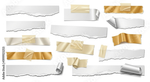 Collection of torn paper strips and adhesive tape pieces.