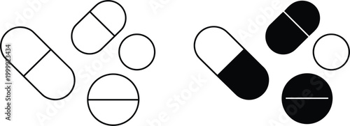 Pill and capsule icons set, medicine tablets symbols healthcare pharmacy vector illustration simple design