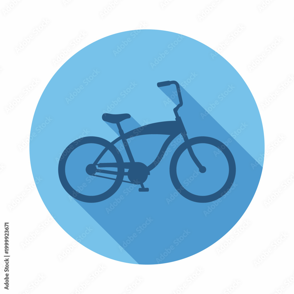 Fototapeta premium Flat design icon of a cruiser bicycle silhouette in a blue circle with a long shadow effect, representing cycling and leisure activities.