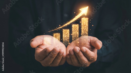 Hands present a shimmering digital bar chart with an upward arrow representing financial growth and investment success