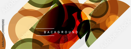 Abstract geometric shapes overlap, creating dynamic colorful background. Warm tones dominate with subtle green accents. Modern design element.