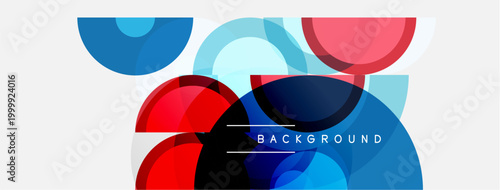 Abstract geometric shapes overlap. Blue, red hues dominate design. Minimalist style, modern aesthetic. Background text present.