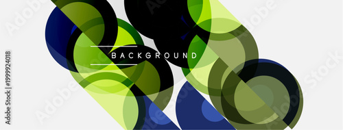 Abstract design features overlapping circles, varying shades green, blue, white. Modern, minimalist aesthetic. Background text present.