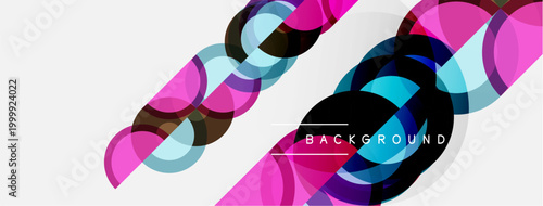 Abstract geometric pattern. Overlapping circles create dynamic diagonal lines. Pink, blue, black colors dominate design. Modern, clean aesthetic.