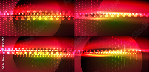 Abstract background features vibrant circles, gradients. Red, yellow, green hues create dynamic visual effect. Dots add texture.