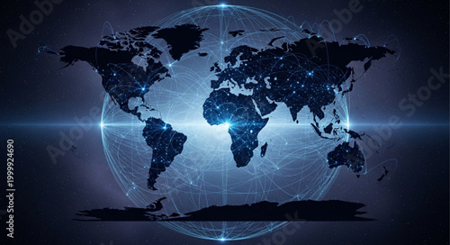 Global Network Visualization - A Digital World Map with Interconnected Data Points.